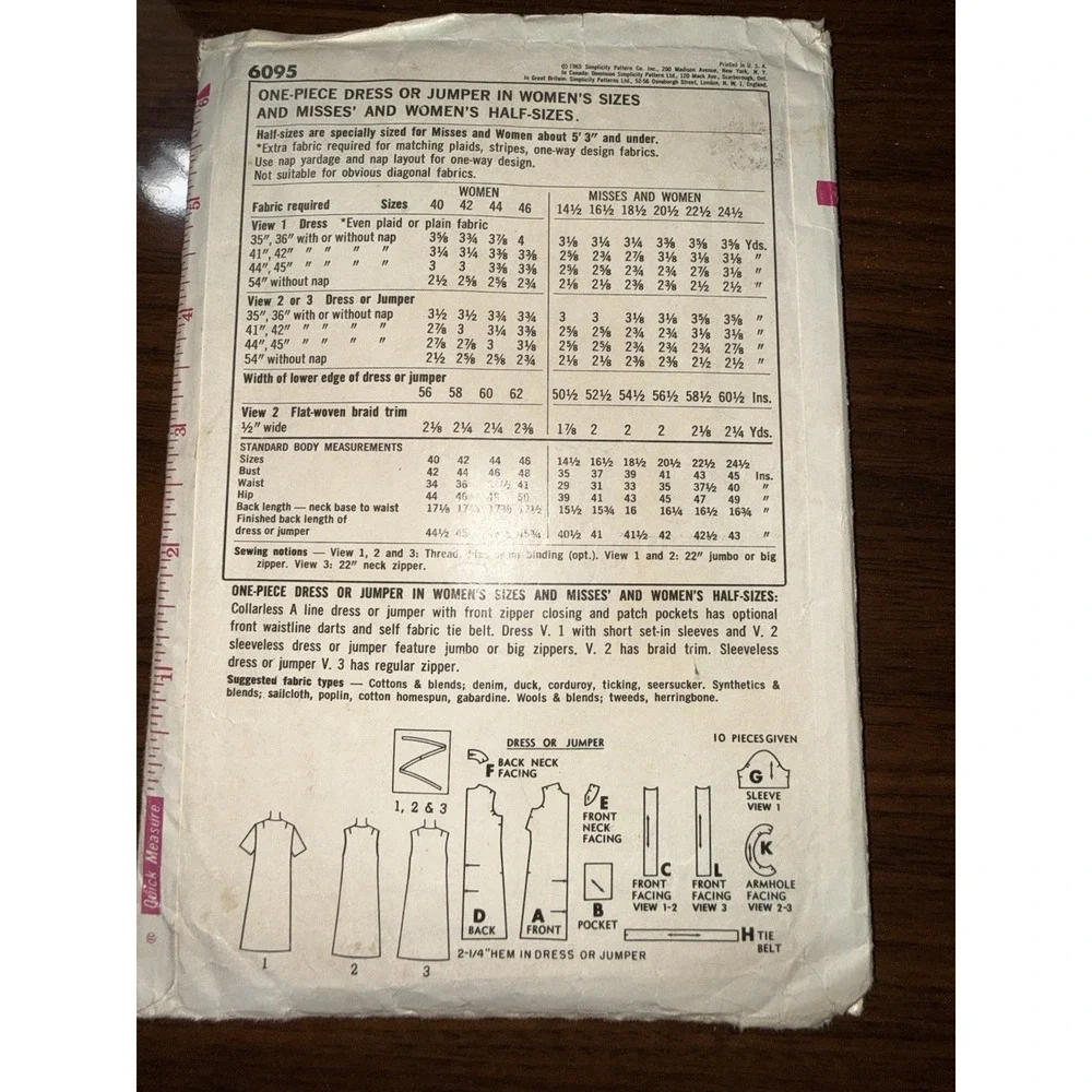 Vintage 1960's Simplicity 6095 A-LINE DRESS w PATCH POCKETS Sewing Pattern Women